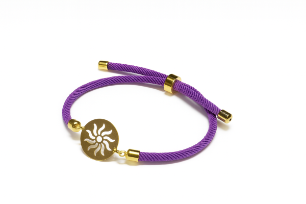 SolAura 14 ayar altın güneş sembollü mor ip bileklik – Punoro özel paketleme